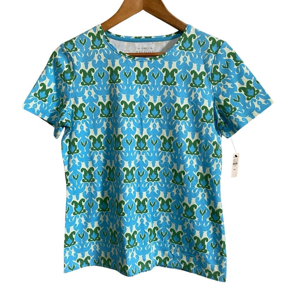 Talbots Short Sleeve Blue Green Geometric Medium P NWT Cotton Everyday Tee Top - Picture 2 of 7